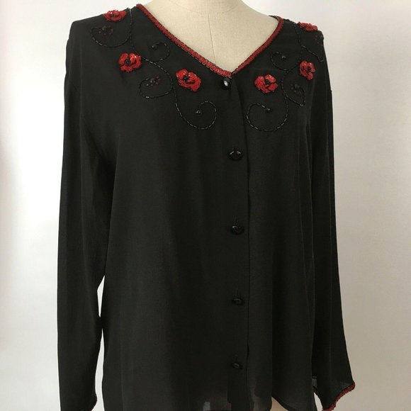 Carole Little Womens Silk Top Black Size 4 Blouse Red Semi Sheer Flower Bead VTG - Picture 1 of 10
